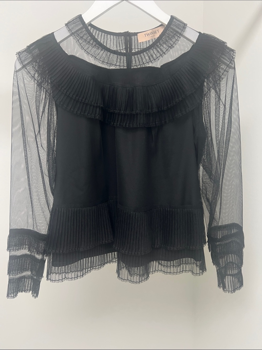Twin-Set Black Pleated Mesh Ruffle Top